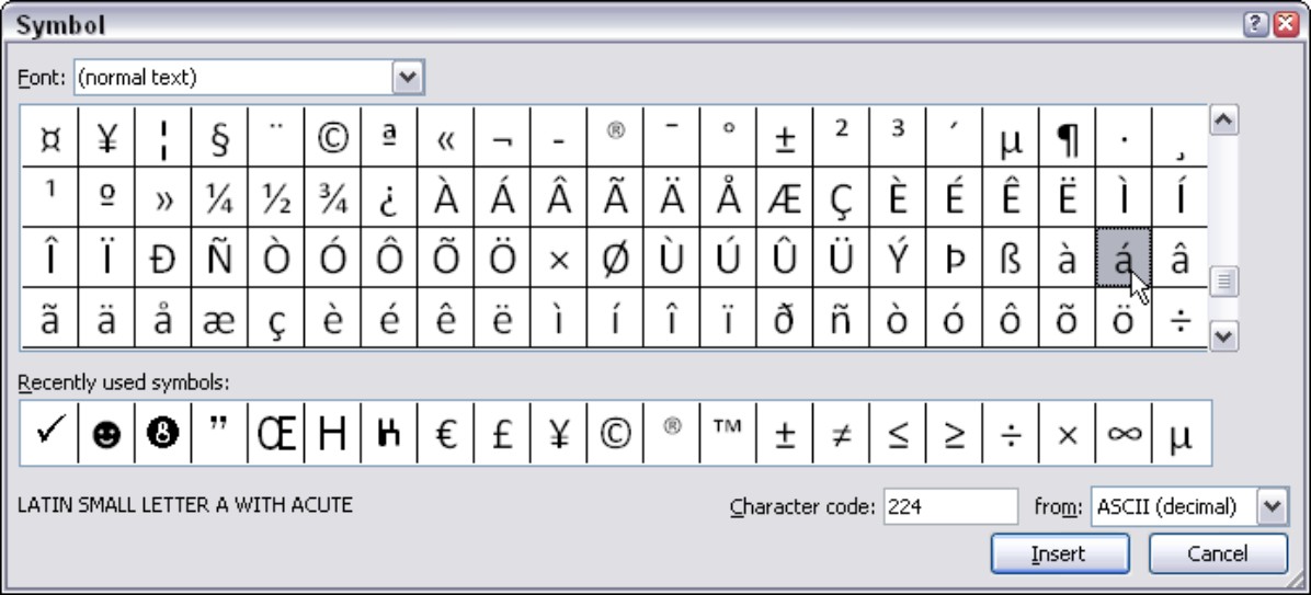 Figure 4-10: To enter a symbol or foreign character, select it and click the Insert button.